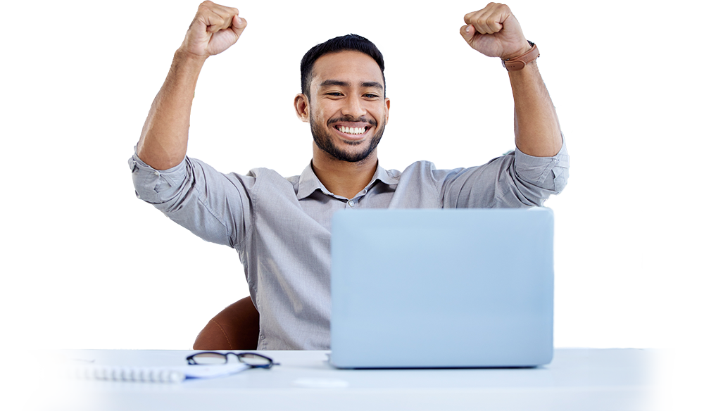 businessman laptop and celebrate success or win at desk