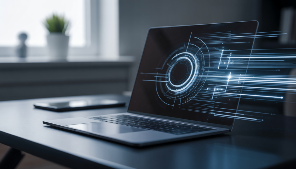 A modern laptop on a desk with digital speed lines representing enhanced performance.