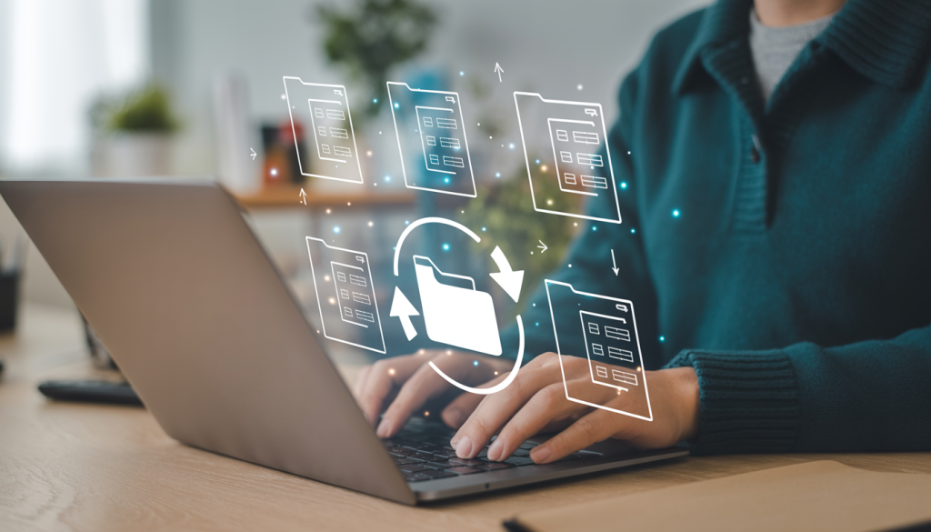 Graphic of a person using a laptop in a home office, with icons symbolizing data recovery.