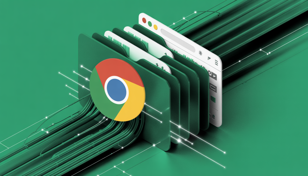Abstract digital artwork of a futuristic cache directory with flowing data streams, featuring a Chrome logo on a green background, symbolizing browser cache clearing.